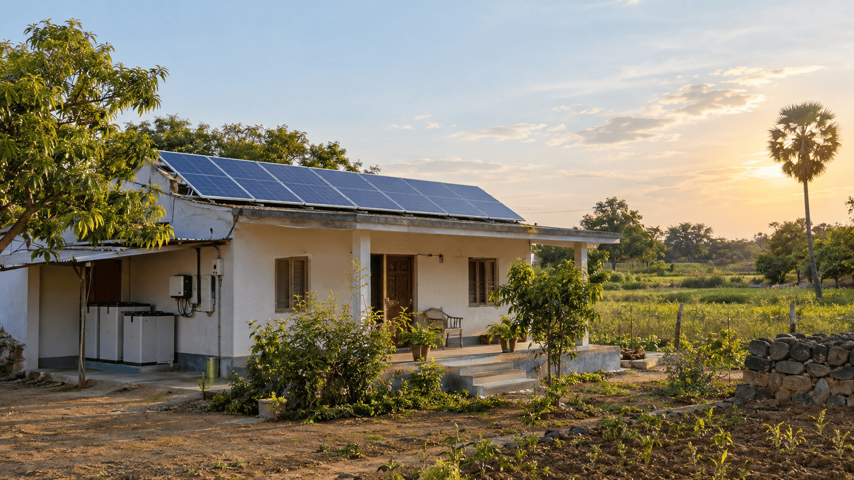 A rural home using rooftop solar with battery backup in a Telangana landscape
