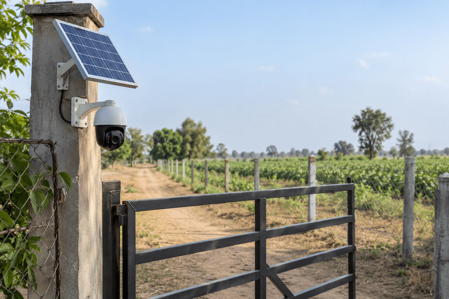A solar-powered outdoor security camera installed at an Indian farm